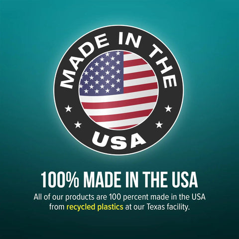Badge stating 'Made in the USA' with American flag design, highlighting products made from recycled plastics at Texas facility.
