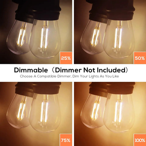 102Ft Outdoor String Lights 18 Dimmable LED Bulbs showing dimming levels at 25%, 50%, 75%, and 100% brightness, warm white glow
