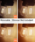 Close-up of 2 Pack 48ft Outdoor String Lights Dimmable Shatterproof LED Bulbs Weatherproof showing dimming levels from 25% to 100%