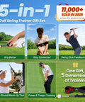 Collage showing a 5-in-1 golf swing trainer set with grip, arm connection, click feedback, warm-up, and tempo training features.