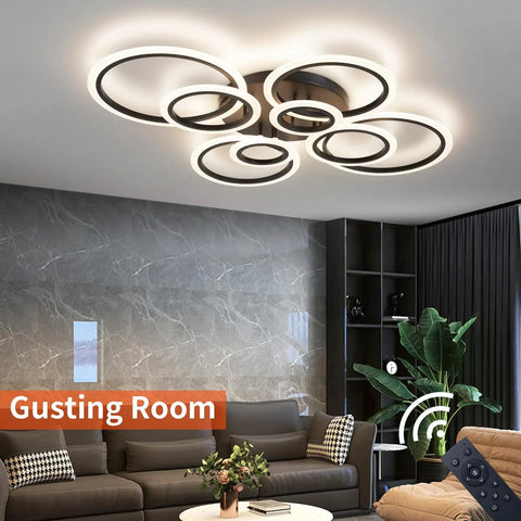 41.3 Inch Dimmable LED Ceiling Light With Remote Control in living room, black flush mount ring fixture for low ceilings