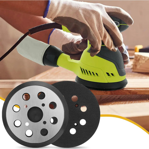 Solid Build 5 Inch Hook Loop Orbital Sander Metal Pad Compatible With Ryobi RS240 RS280 RS290 8 Hole Backing Plate in use on wood.