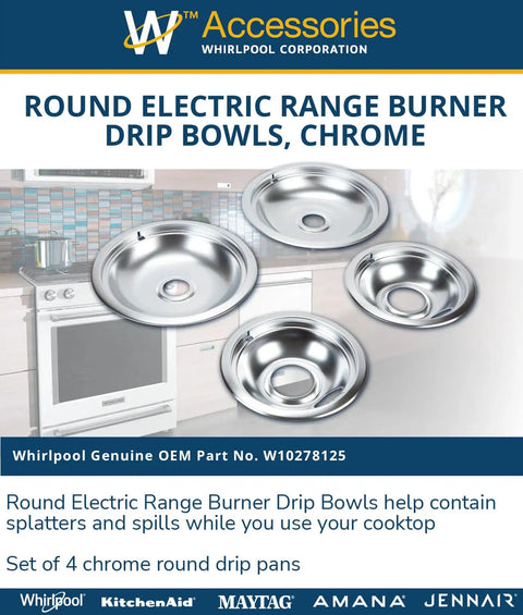 Drip Pan Kit Chrome W10278125 Replacement Part For Refrigerator, set of 4 bowls, showing chrome finish in kitchen setting.