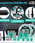 Front view: LEKOMESH turquoise tile hole saw drill kit for porcelain with diamond core bits 6/8/10/35/50/65mm and case
