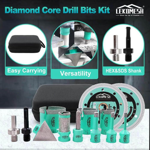 Front view: LEKOMESH turquoise tile hole saw drill kit for porcelain with diamond core bits 6/8/10/35/50/65mm and case