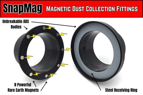 SnapMag 10 Piece Magnetic Dust Collection Starter Kit For Four Inch Hoses And Ports featuring two magnetic fittings with ABS bodies.