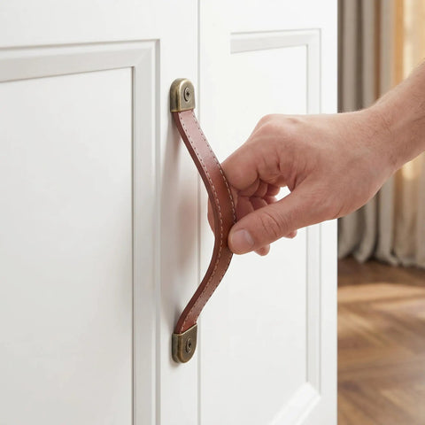 Hand pulling brown leather strap drawer pull, 4 Pack Real Leather Cabinet Handles With Screws on white cabinet