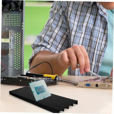 Two Piece Static Bar Rack for Circuit Boards ESD Safe Mount Tray with Strip Design on workbench with technician.