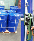 Heavy Duty Pallet Strapping Kit With Three Quarter Inch Woven Cord And Ratchet Tensioner Featuring A Sharp Blade Plus Fifty Reusable Buckles For No Hassle Industrial Packing That Gets Results Fast, showing blue barrels strapped on a pallet.
