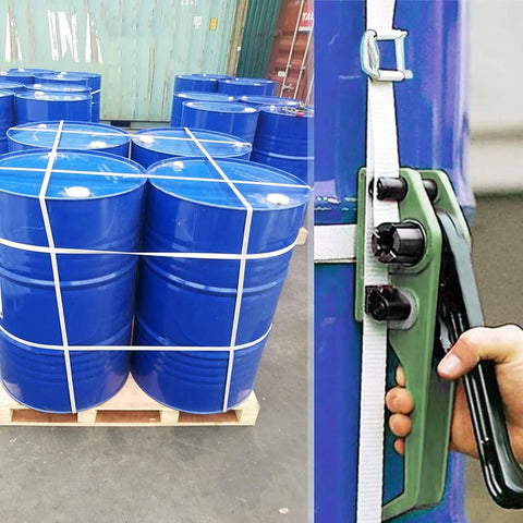 Heavy Duty Pallet Strapping Kit With Three Quarter Inch Woven Cord And Ratchet Tensioner Featuring A Sharp Blade Plus Fifty Reusable Buckles For No Hassle Industrial Packing That Gets Results Fast, showing blue barrels strapped on a pallet.