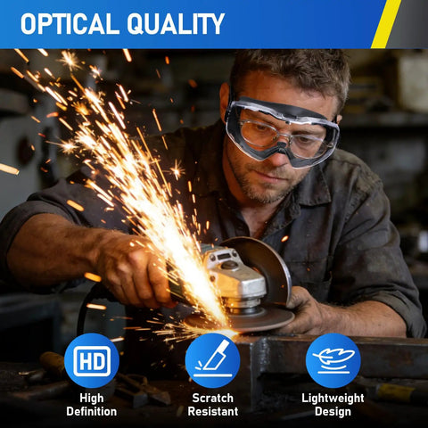 Man wearing Anti Fog Safety Goggles That Fit Over Glasses Adjustable Strap ANSI Z87.1 using grinder with sparks flying