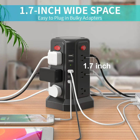 17-in-1 Tower Power Strip Surge Protector With 12 AC Outlets And 5 USB Ports, 10 Ft Extension Cord, shown on desk in use