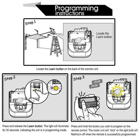 Programming instructions for Wired 1 Button Garage Door Opener Wall Switch Replacement For Yellow Learn Button Openers.