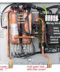 Close-up of Ultimate Whole House Tankless Water Heater 24kW 240V electric heating system components and sensors