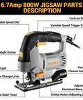Heavy Hitting 6.7 Amp Corded Jigsaw Slays Through Hardwood And Steel, showing features like variable speed dial and LED light.