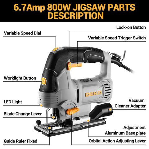 Heavy Hitting 6.7 Amp Corded Jigsaw Slays Through Hardwood And Steel, showing features like variable speed dial and LED light.