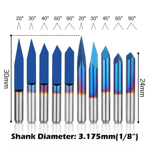 Badass Precision 10 Piece CNC Router Bit Set With 1/8 Inch Shank And Hella Durable Nano Coated V Groove Cutters For Sweet Wood Carving Sign Making And Sharp Lettering Work