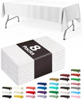 No Sweat Heavy Duty Disposable Tablecloths White 8 Pack 54 By 108 Inches on a table, showing various colors and styles for events.