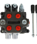 Heavy Duty 2 Spool Hydraulic Directional Control Valve With Joystick, 25 GPM Flow, 3000 PSI Max, BSPP Ports, top view.