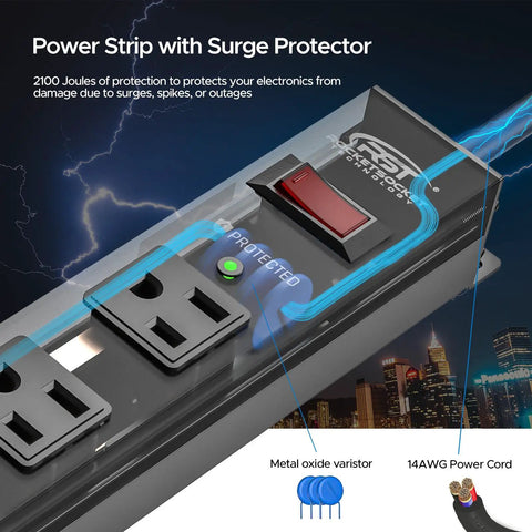 Beefy 12 Outlet Heavy Duty Power Strip With 15 Foot Cord And 2100 Joules Surge Protector, highlighting surge protection feature