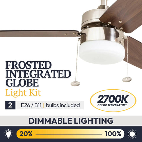 Dope 42 Inch Modern Farmhouse LED Ceiling Fan With Light Pull Chain Dual Mounting Options Dual Finish Blades Quiet Reversible Motor Brushed Nickel Ideal For Kitchen Bedroom Living Room with frosted integrated globe light and dimmable feature