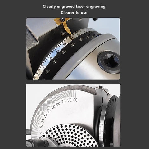 Heavy Duty Precision Dividing Head With Three Jaw Chuck And Full Sweep Rotary Table Tailstock Mount For Benchtop Milling Machines showing clear laser engravings on precision scales.