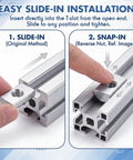 Easy installation of Heavy Duty 30 Pack 1/4 20 T Slot Nuts for Aluminum Extrusion shown in slide-in and snap-in methods.