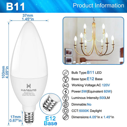 Daylight 5000K Led Candelabra Bulbs E12 Small Base 60W Equivalent 500LM Non Dimmable B11 Bulb For Chandeliers And Ceiling Fans 120V 8 Pack With High 85 Plus CRI Energy Efficient Lighting, image showing bulb dimensions and chandelier application