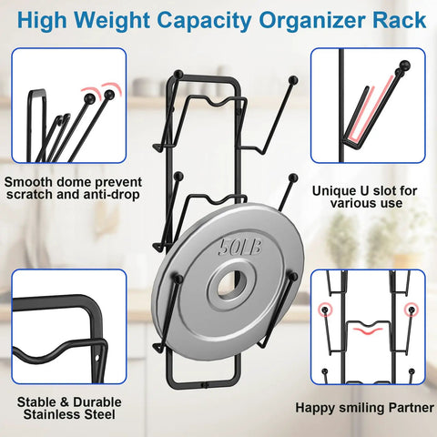 2 Pack 6 Tier Pot Lid Organizer For Cabinet With Wall Mount And Strong Adhesive Backing sturdy rack showing weight capacity and design details.