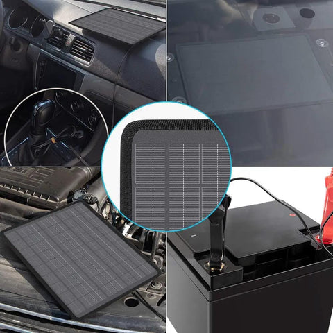 10W Solar Trickle Charger Portable Battery Maintainer with SAE quick connection and three terminal options in use