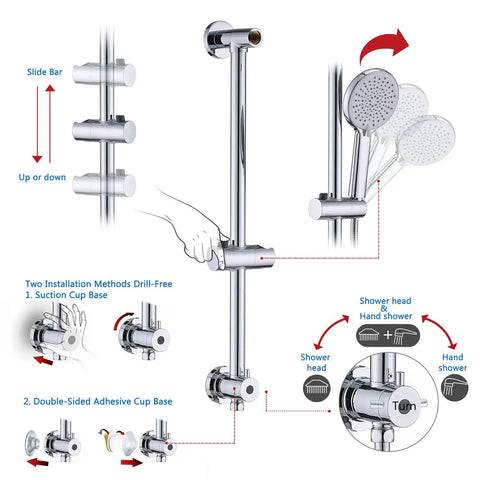 10 Inch Rain Shower Head With Handheld System And 24 Inch Drill Free Sliding Bar installation diagram in chrome finish