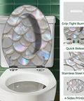 Elongated Resin Toilet Seat for Bathroom with seashell design, grip-tight bumpers, and stainless steel hinges.