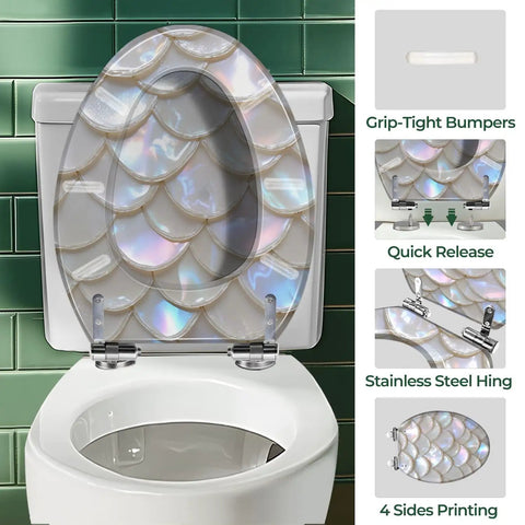 Elongated Resin Toilet Seat for Bathroom with seashell design, grip-tight bumpers, and stainless steel hinges.