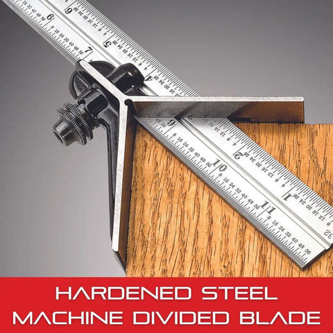 Combination Square Set With Square, Center And Reversible Protractor Head And Blade, 12 Inch Blade on wood surface