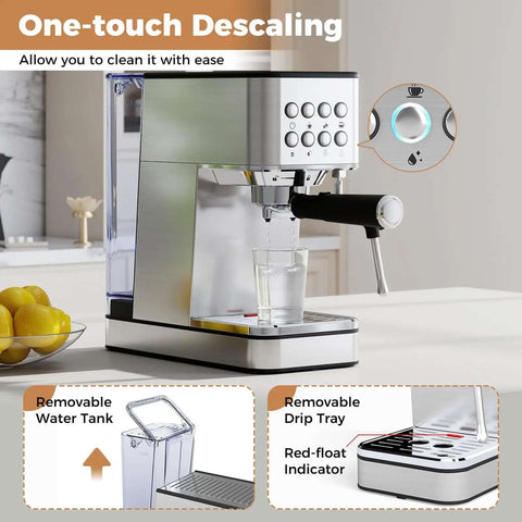 20 Bar Espresso Machine With Milk Frother Compact Stainless Steel Coffee Maker 57 Ounce Removable Water Tank Hot Water Function