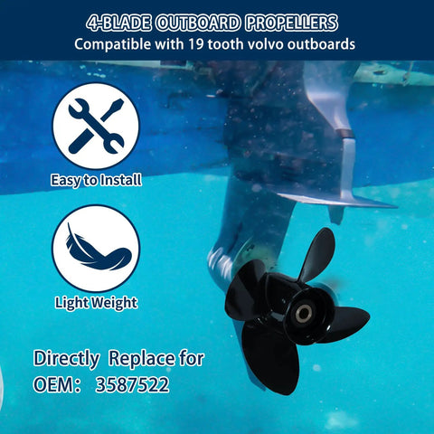 Volvo Penta SX Drive Aluminum Outboard Propeller in water, 14.25 inch diameter, 19 pitch, 4 blades, right hand rotation.