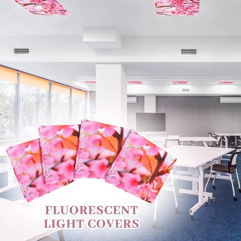 Four Pack 4 x 2 Feet Magnetic Fluorescent Light Covers With Cherry Blossom Decor displayed in a classroom setting.