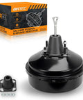 Solid Heavy Duty Vacuum Power Brake Booster Straight Up Direct Bolt On Replacement For Chevy GMC Cadillac 1999 To 2002 Silverado Tahoe Suburban Avalanche Sierra Yukon detailed view with mounting hardware.