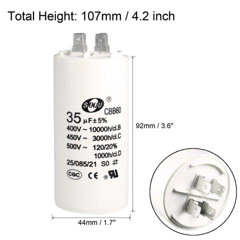 Run Capacitor 35uF 450V AC CBB60 For Air Compressors Water Pumps And Motors Cylindrical 92x44mm Design