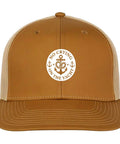 Vintage Brown Trucker Hat For Women With Distressed Look And Anti Sweat Band, front view with yacht emblem