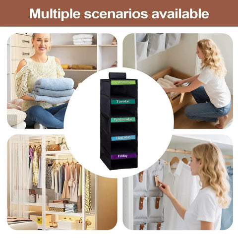 Kids Five Shelf Hanging Closet Organizer With Weekday Dividers Slick Storage Rack for organized clothing in black color