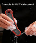 Hands washing an Instant Read Digital Meat Thermometer With Lightning Fast 0.5 Second Response, IP67 Waterproof, with soap bubbles.