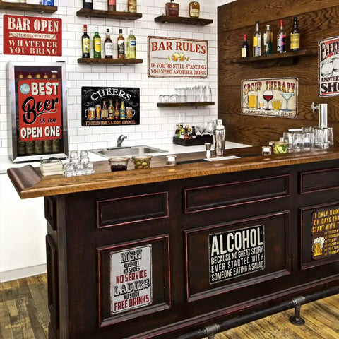 Kickback Ready Vintage Bar Tin Signs Set Of Nine For Home Bar Decor And Man Cave Wall Art 8X12 Inch Metal Plaques Easy Mount Garage Lounge Upgrade Essentials displayed above bar