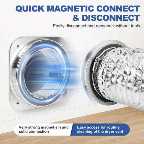 Front view of magnetic dryer vent coupling connecting a 4-inch flexible metal duct to a wall vent with clamps