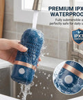 Person holding IPX7 waterproof Cordless OH Ion Purifier Produce Cleaner under running water