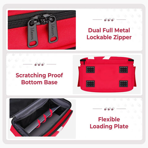 Mancro First Aid Bag red travel medical kit with dual full-metal lockable zippers, scratchproof bottom, and interior dividers