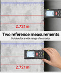 Pro Grade Laser Tape Measure, 328 Ft Digital Distance Meter With Bubble Level showing two measurement references on a wall.