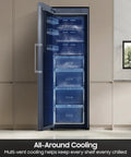 Large 11 Cubic Foot Convertible Upright Freezer And Fridge Flip Featuring Even Airflow And Reversible Door Design Energy Star Certified Stainless Steel Construction showing interior shelves and cooling system.