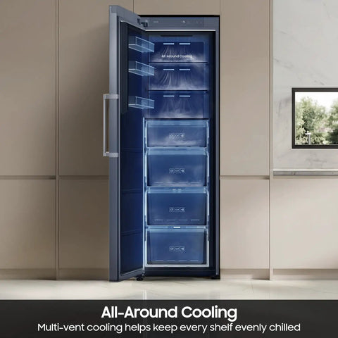Large 11 Cubic Foot Convertible Upright Freezer And Fridge Flip Featuring Even Airflow And Reversible Door Design Energy Star Certified Stainless Steel Construction showing interior shelves and cooling system.