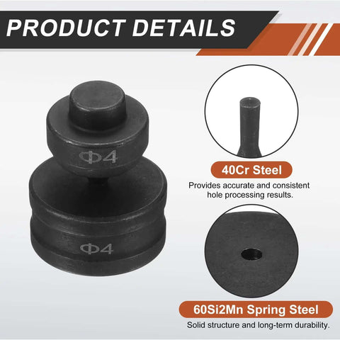 Hydraulic Hole Punch Die Set For 4mm Round Hole 40Cr Steel Electric Punching Kit image showing die details and steel composition.